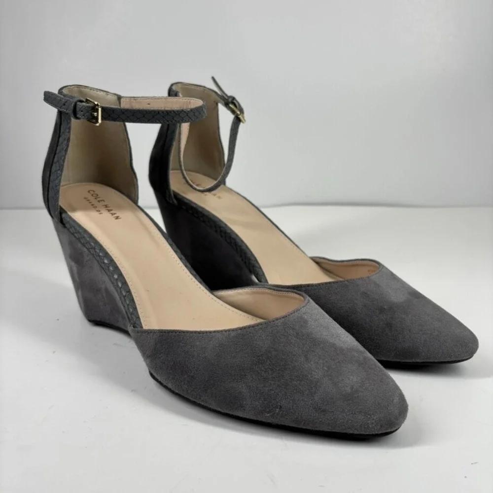 Cole Haan Lara Women's US 11 Grey Suede‎ Comfort Casual Ankle Strap Wedge Pumps